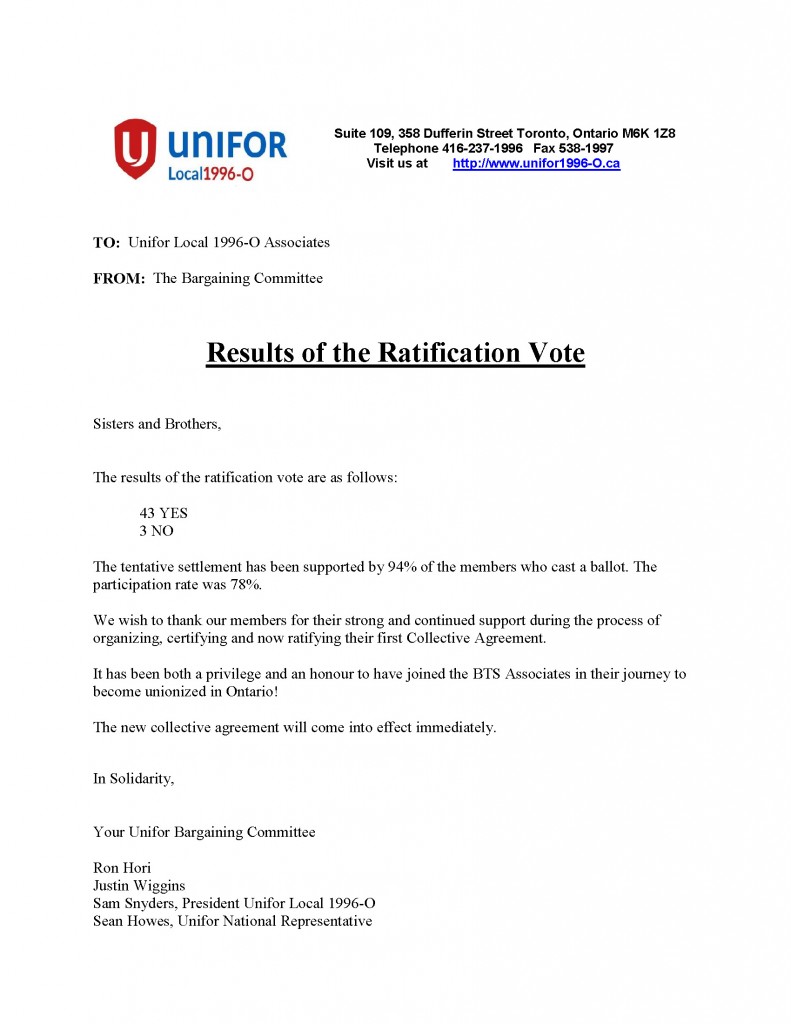 Results of Ratification Vote