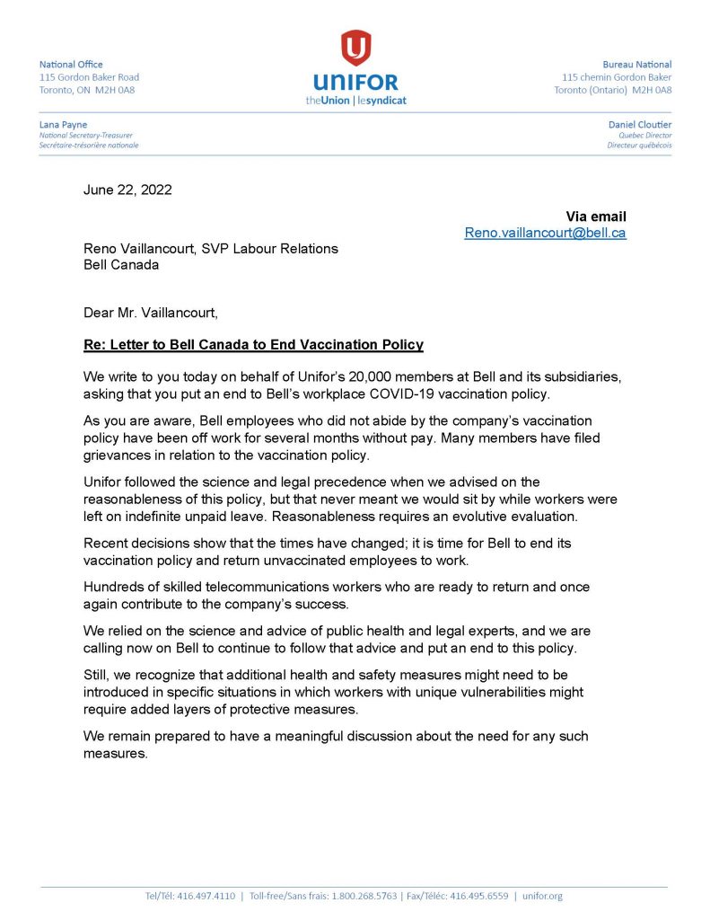 Letter to Bell Canada to End Vaccination Policy June 22 2022_Page_1