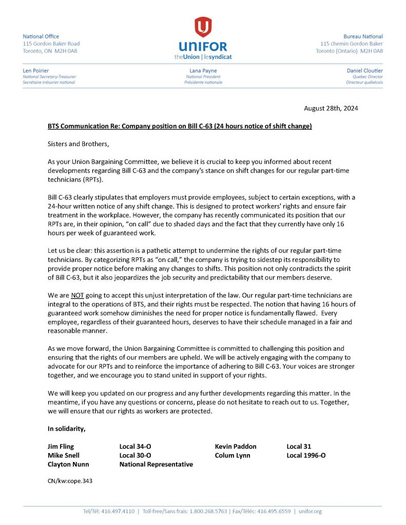 BTS Communication - Company position on Bill C-63 (24 hours notice of shift change)